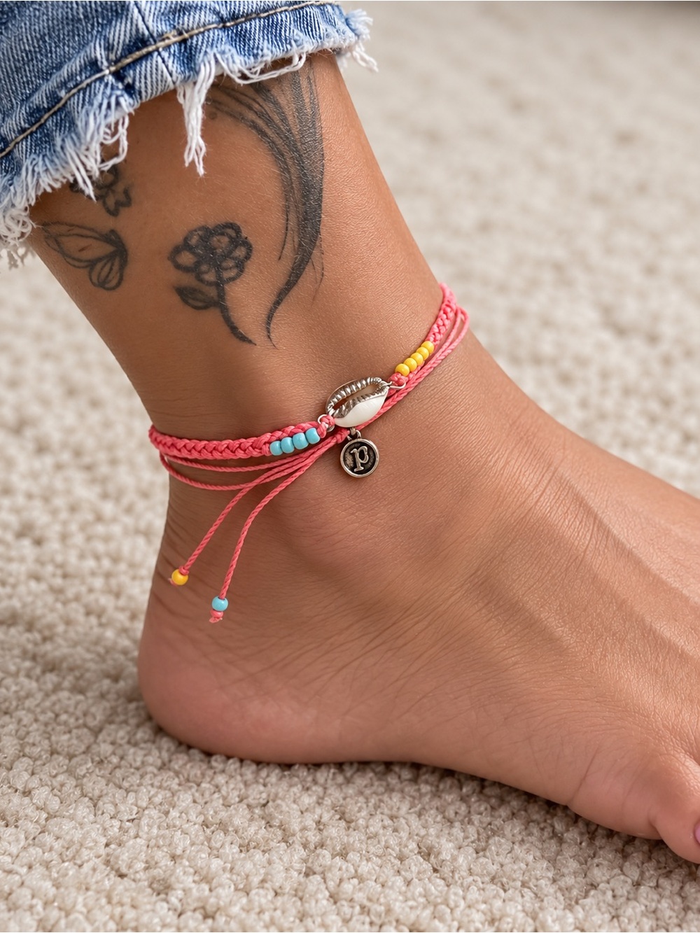 Pink Beaded Shell Anklet with Charm Pura Vida